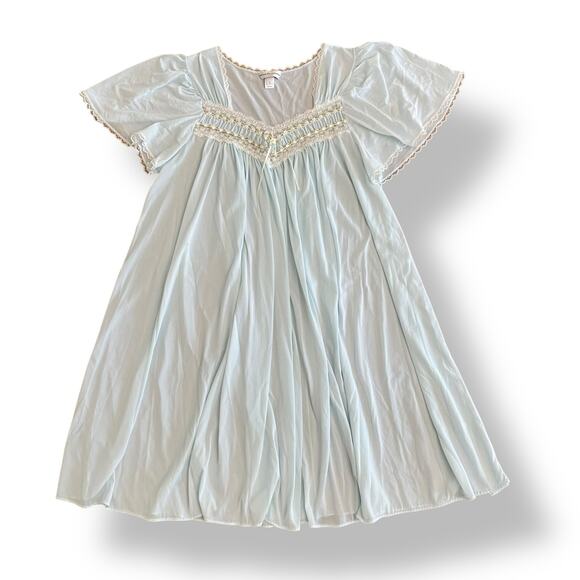 Miss Elaine Vintage Light Blue Classic Nylon Flutter Sleeve Nightgown Size Large - Picture 1 of 8